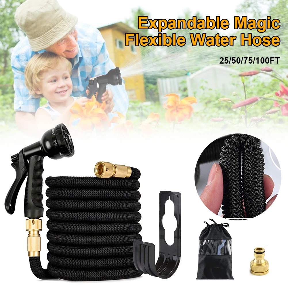

25/50/75/100FT Expandable Garden Hose Flxeible Latex Watering Hose Set with 8-Pattern Nozzle 3/4" Brass Connector