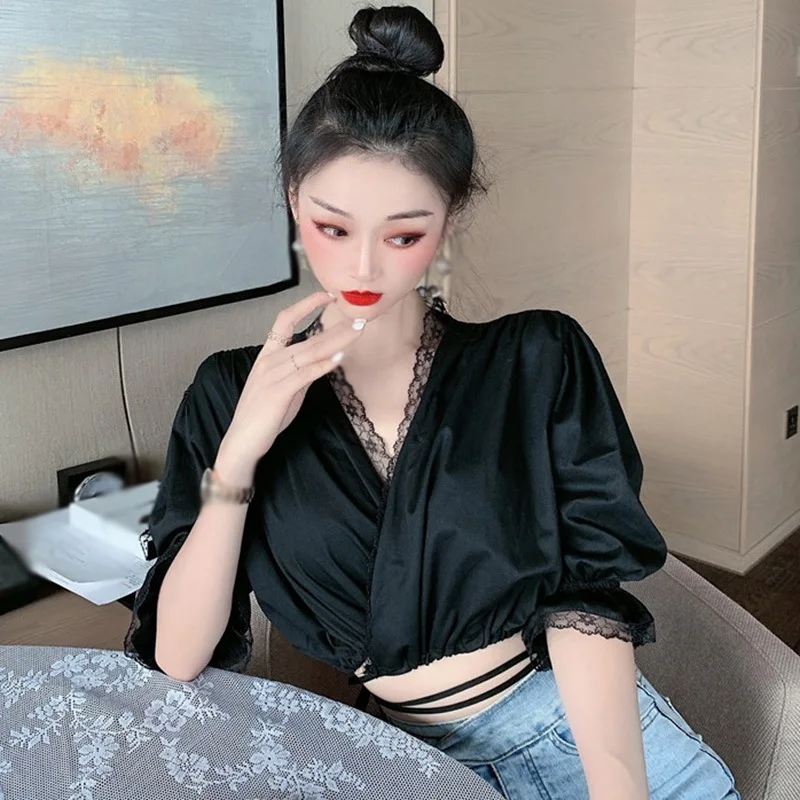 

ETOSELL Sexy Lace Women BlouseLadies V-neck Long Sleeve Tops Crop Tops Ladies Summer Clothing