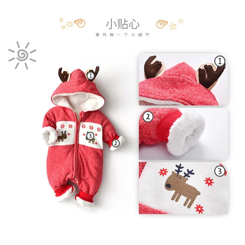 Winter Baby Rompers Thicken Cotton Newborn Clothes Infant Christmas Reindeer Warm Outfit Cute Boys Girls Hooded Coveralls 0-2T