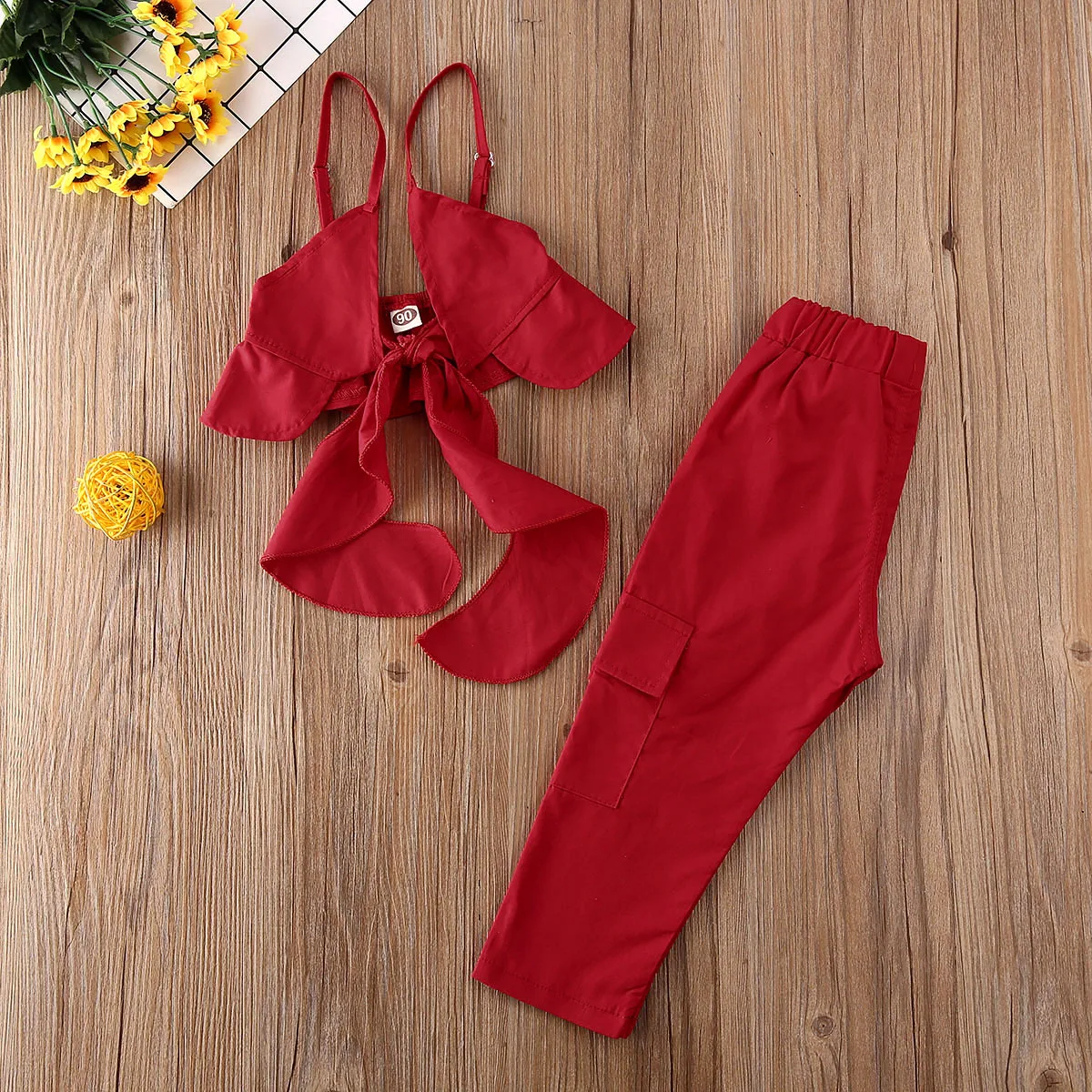 

Kids Toddler Baby Girl Outfits Red Ruffle Tie up Tops + Elastic Waist Pants Clothes Set Summer Clothes Two Piece Set