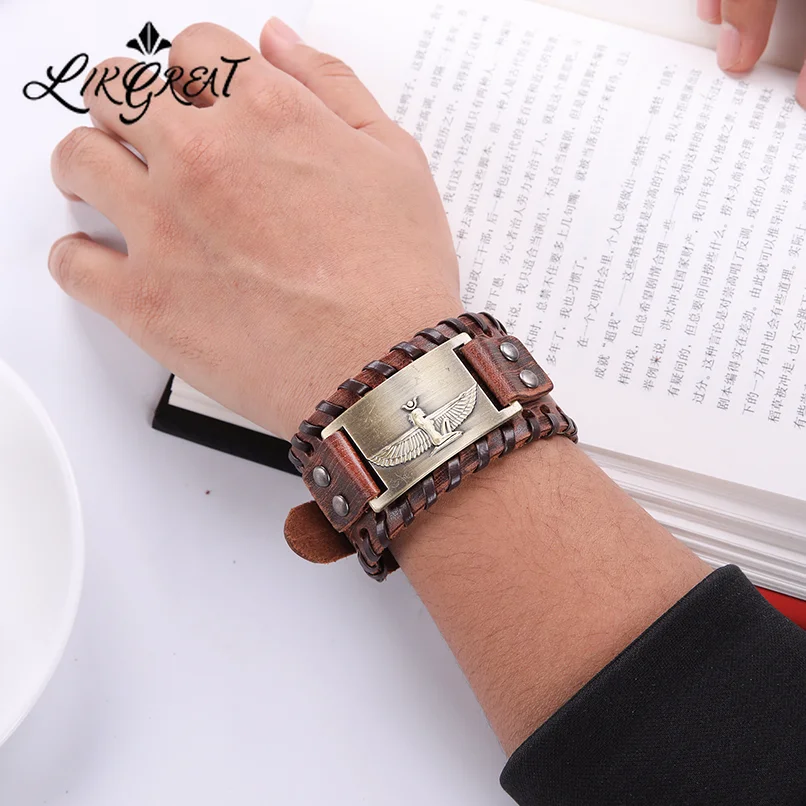 

LIKGREAT Viking Punk Egypt Goddess Maat Pirate Wide Leather Bracelet for Men Women Vintage Men's Adjustable Wristband Wholesale