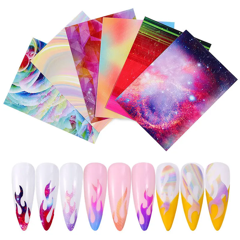 

6pcs/Set Holographic Flame Stickers Colorful Candy Nail Mold Hollow Adhesive Stickers Magic Color Nail Stickers