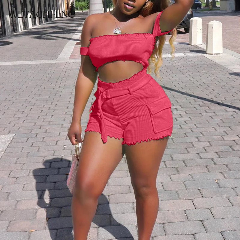 

Sexy Off Shoulder Knit Crop Top Biker Shorts Two Piece Set Women Red Tracksuit Lounge Wear Cotton 2 Piece Outfits 2020 Clothing