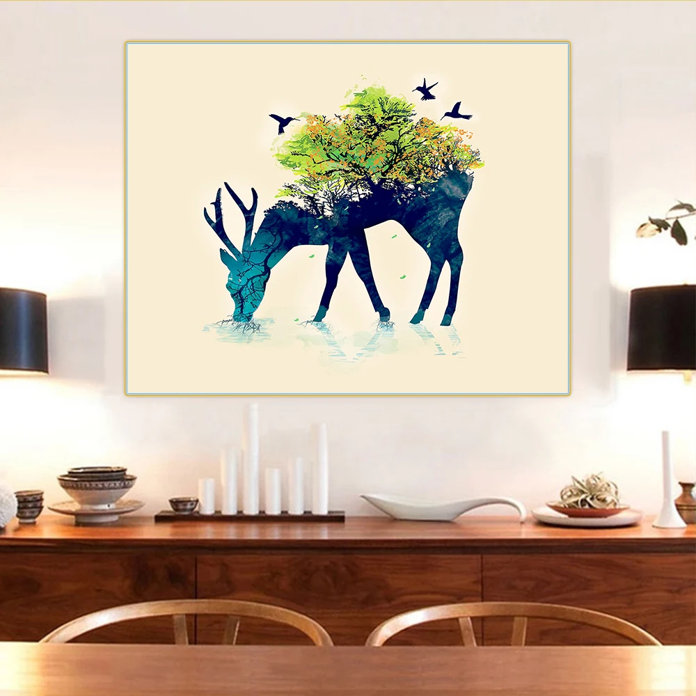 Художественная картина Citon на холсте лес и птицы задней стороне лося