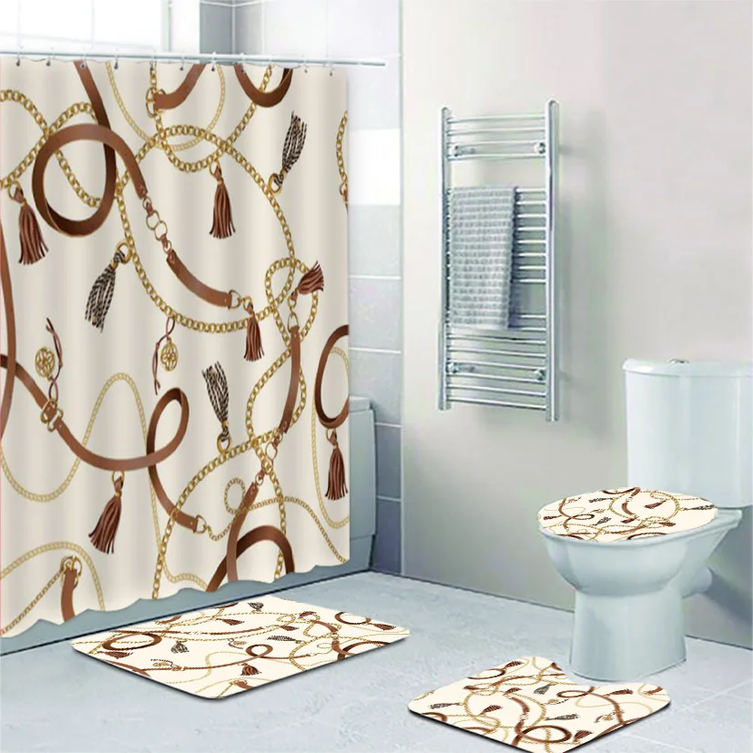 

Trendy Golden Chains Belts Braid Print Shower Curtain and Bath Rug Set for Bathroom 3D Luxury Abstract Baroque Toilet Mats Decor
