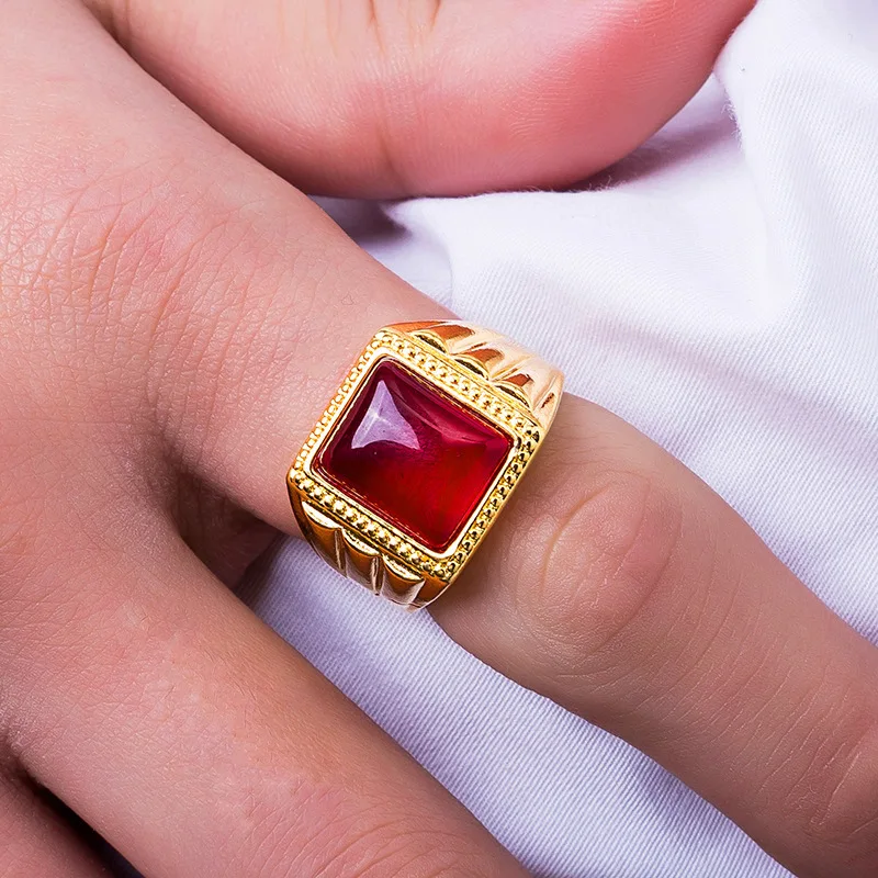 

OMHXFC Jewelry Wholesale RI212 European Fashion Fine Man Party Birthday Wedding Gift Red Green Square 24KT Gold Resizable Ring