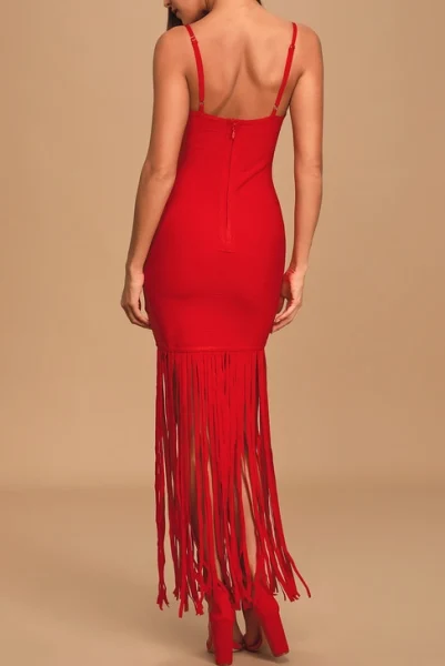 

CY Summer red strap bandgae dress women beautiful tassel celebrity evening party sexy gown enchant sheath vestido