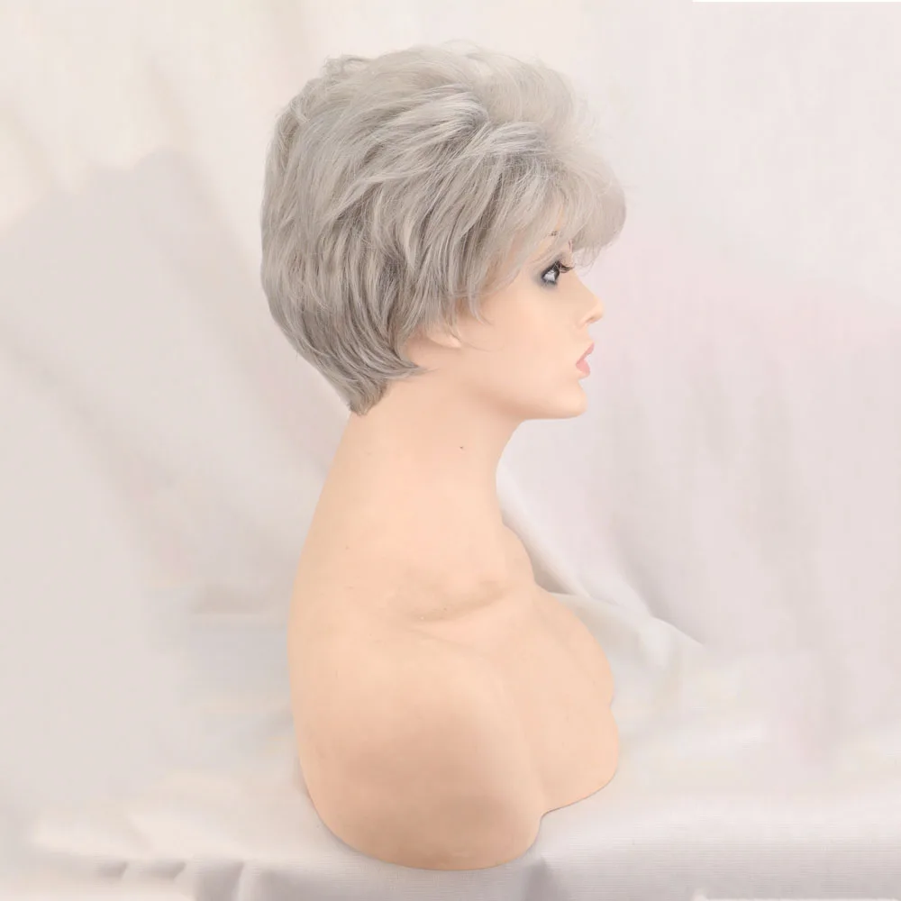 WHIMSICAL W Synthetic Fluffy Wavy Short Wigs for white women sliver gray Hair Multilayered Medium Elastic Breathable Wig Cap