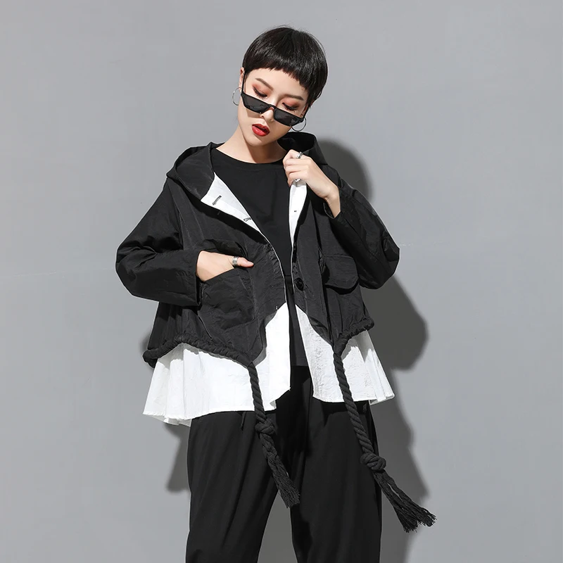 

Женское короткое пальто в европейском и американском стиле, осенний кардиган с капюшоном, тонкая кукольная рубашка в стиле пэчворк, новинка...