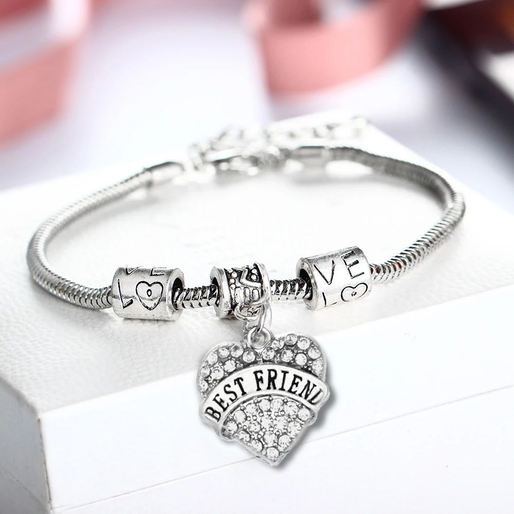 

12PC Best Friend Bracelets Love Heart Clear Crystal Charm Pendant Bangle Beads Chain Bracelets Women Men Best Friends Party Gift