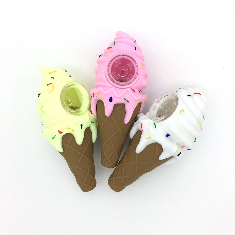

Funny Design Ice Cream Pipe Smoking Grass Food Grade Silicone Material Herb Tobacco Pipe with Glass Bowl(Random Color)