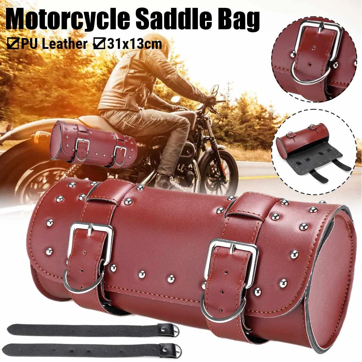 

New Black brown Motorcycle Saddle Bag Leather PU Front Fork Tool Bag Luggage Saddlebag For honda for yamaha for suzuki Cruiser