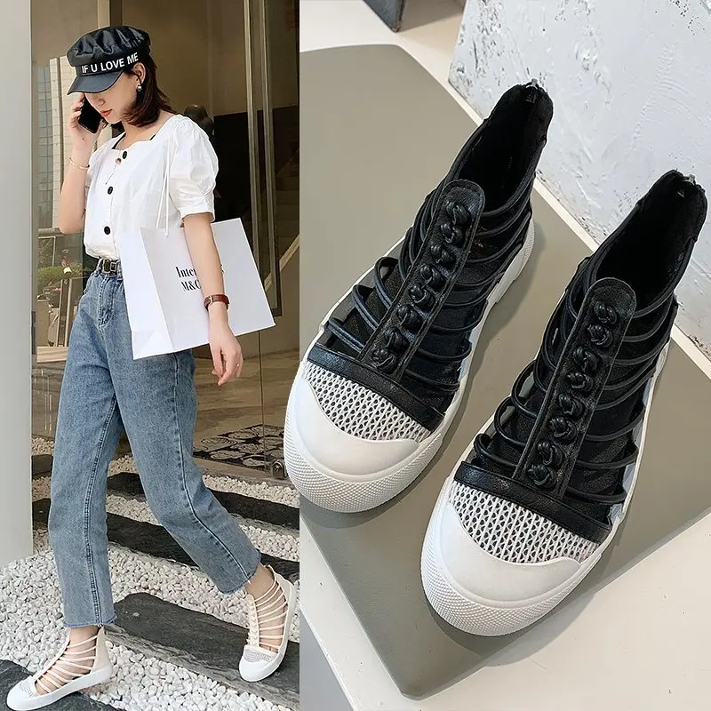 

2021 Women's Shoes Spring Summer New Wild Fashion Simple Student Sandals Zipper Solid Color Roman Beach Mesh Vulcanize Shoes