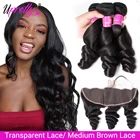 Пучки свободных волн Upretty, пучки с фронтальной HD прозрачной кружевной передней частью с пучками, бразильские человеческие волосы, 3 пряди с застежкой