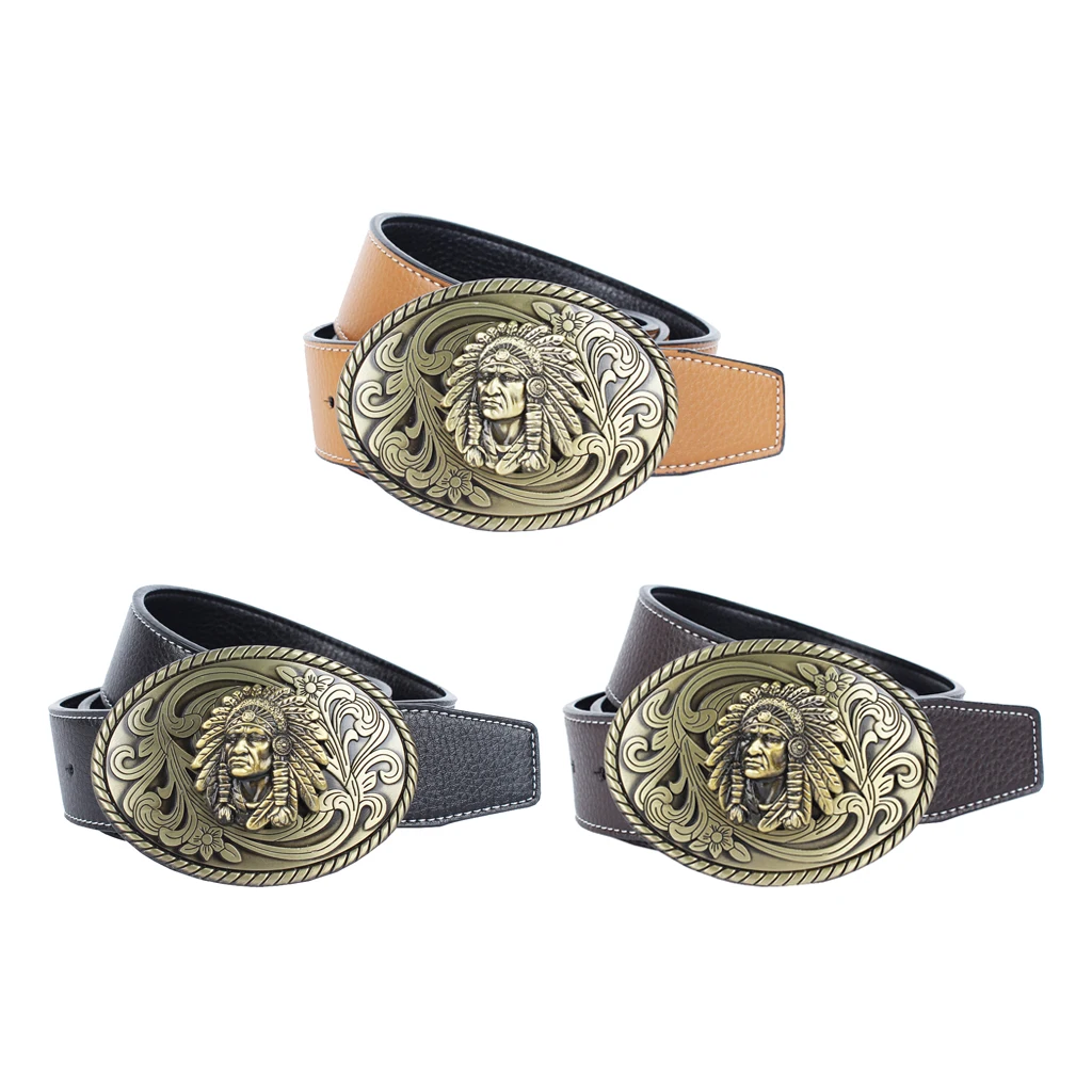 

Retro Native Indian Chief Pattern Buckle Tribe Firber Leather Waistband Belt