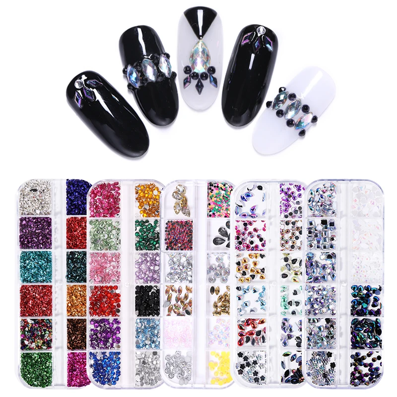 

12 Grids/Box Colorful Crystals Nail Art Rhinestones Acrylic Nail Stones Flat Back Shiny Tips 3D Nails Art Decorations