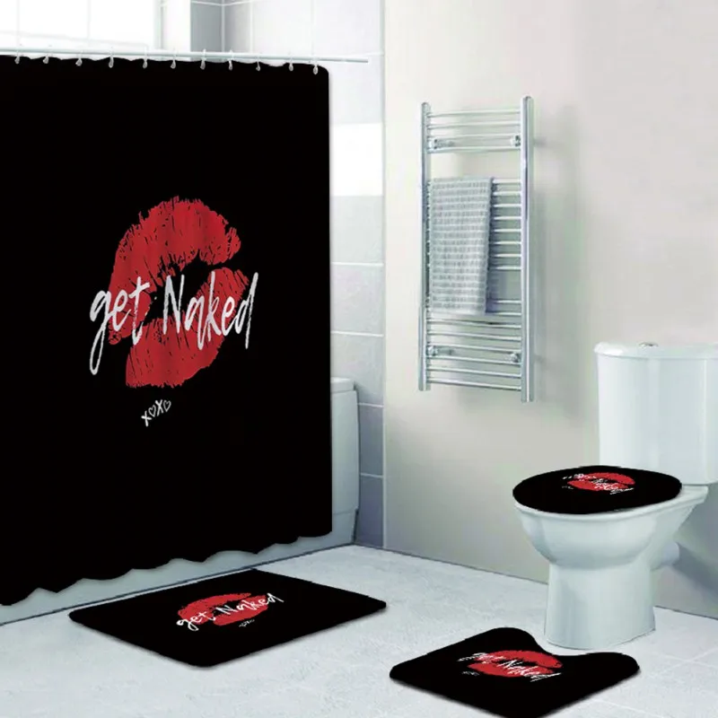 

4 Pcs/Set 'Get Naked' Shower Curtain Sets with Non-Slip Rug Toilet Lid Cover and Bath Mat, Sexy Lips Shower Curtain with 12Hooks