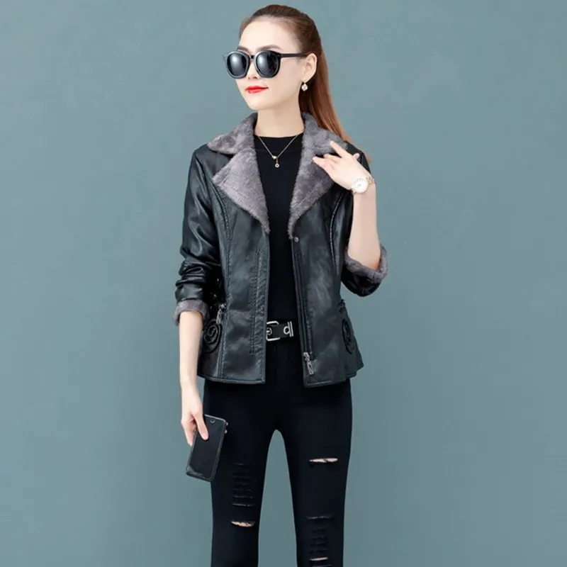 Толстые теплые женские Куртки из искусственной кожи с флисовой подкладкой