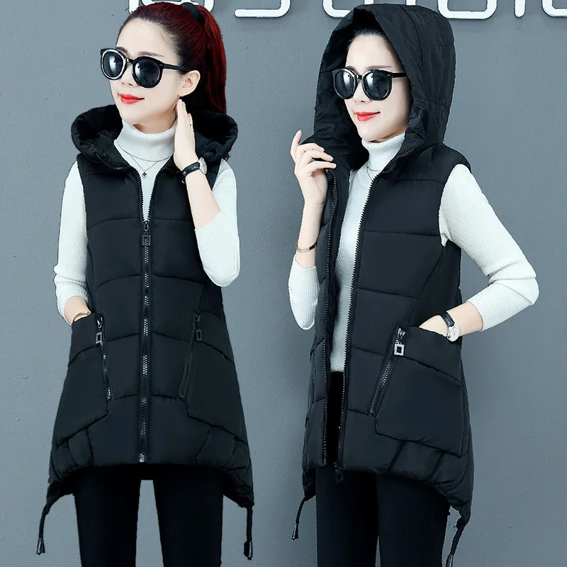 

Women's Cotton Coat Solid Color Vest 2021 New Winter Sleeveless Hooded Pure Color Women's Warm Down Cotton Bread Jacket