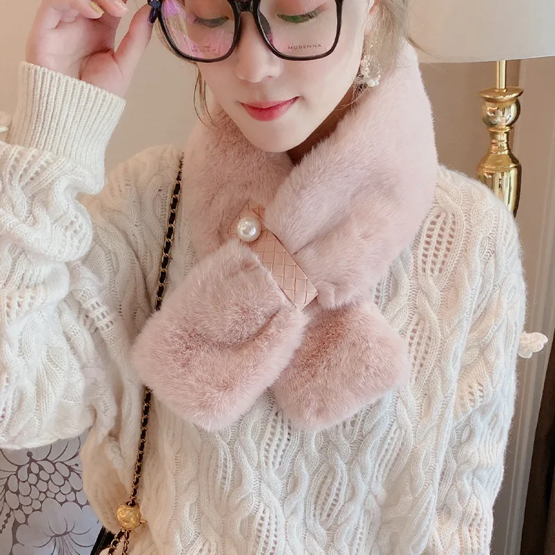 

2021 new fashion pearl cross plush scarf short bib women Black