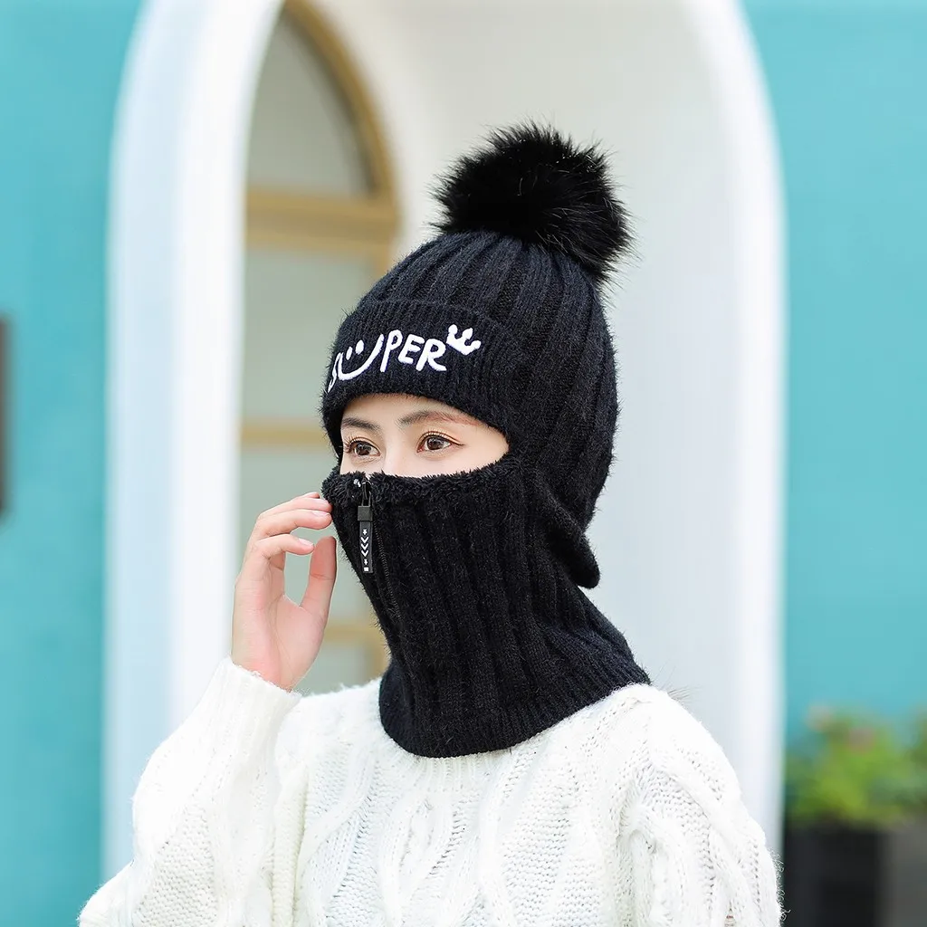 Ski Cap Scarf Winter Warm Woman Knitted Ear Protector Wool Warming And Thickening Fleece Zipper Hat#g4 | Спорт и развлечения