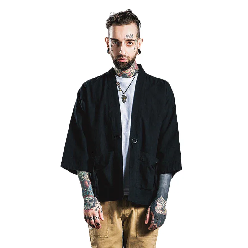 

Thin Kimono Cardigan Jacket Coat Man Japanese Style Retro Windbreaker Men Loose Mid Sleeve Black Trench Casual Cotton