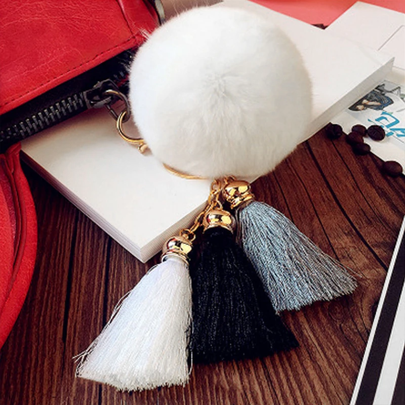 

Fur Pompom Keychain Faux Rabbit Fur Ball Key Chain Silk Tassel Keyring Fluffy Car Bag Pom Poms Pendant Bunny Porte Clef Pom De