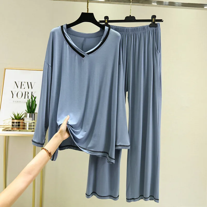 

FAKUNTN Modal Pajamas Women's Loose Pyjamas Suit Spring Autumn Long-Sleeved V-Neck Outer Wear Home Clothes Plus Size