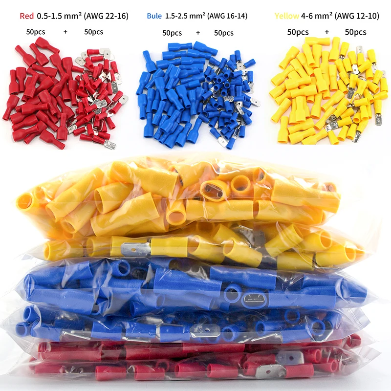 

100 шт./50 комплектов пар 16-14AWG Женская и мужская проводка ОБЖИМНАЯ Изолированная клемма FDFD MDD1.2/2,5/5-250 1,5-2, 5 мм2 Кабельный соединитель
