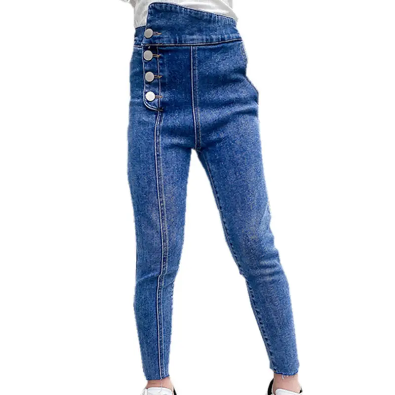 Весенние джинсы для девочек детские на пуговицах брюки карандаш с эластичной