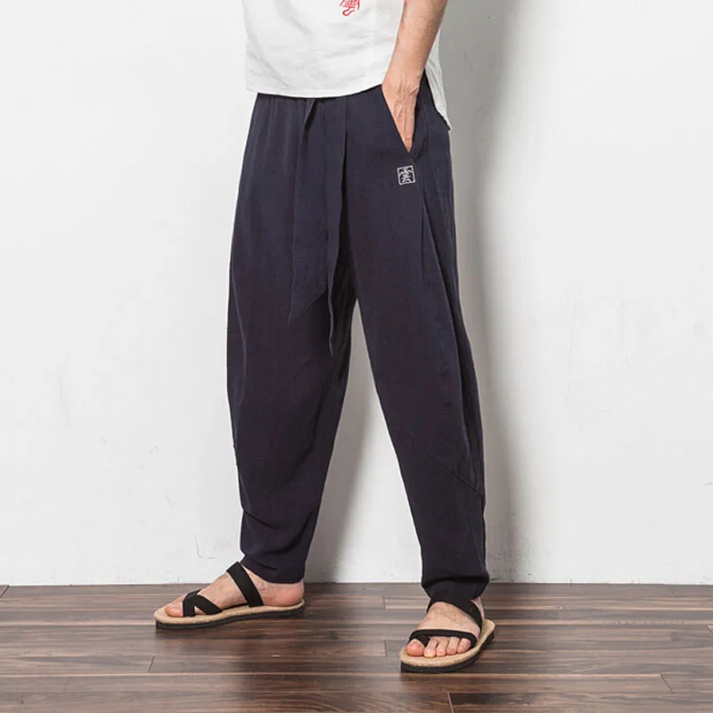 

Новое поступление, мужские Свободные повседневные брюки в китайском стиле, винтажные женские брюки 4XL с широкими штанинами, льняные брюки-с...