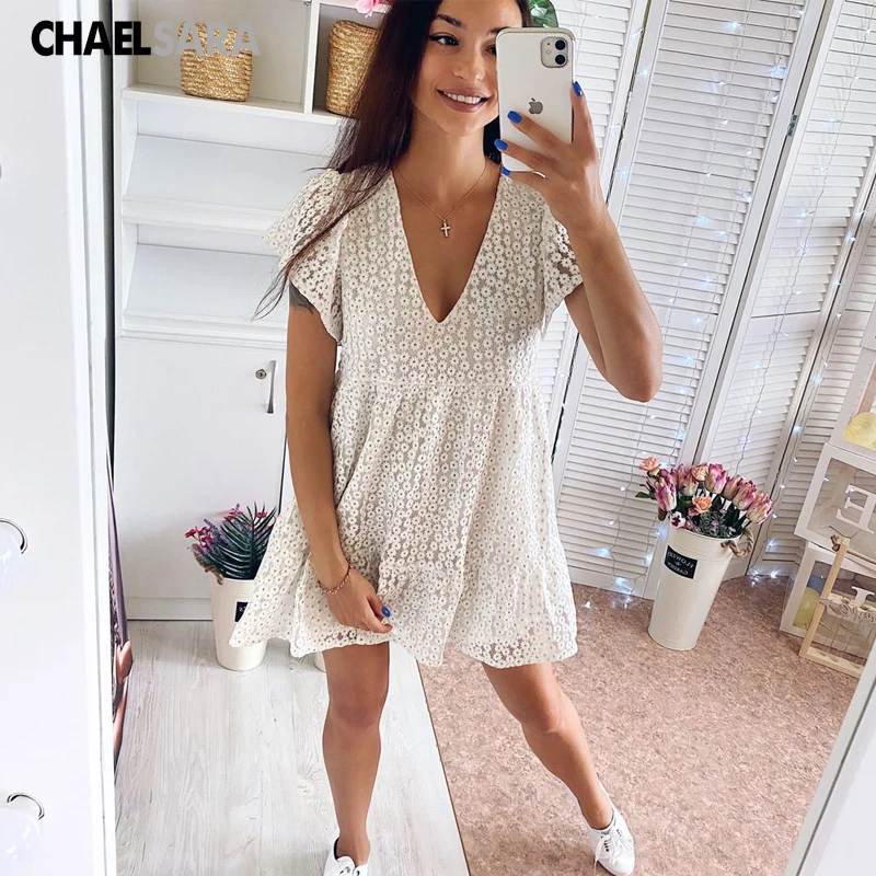 Белое Женское летнее пляжное платье с вышивкой женское сексуальное мини-платье