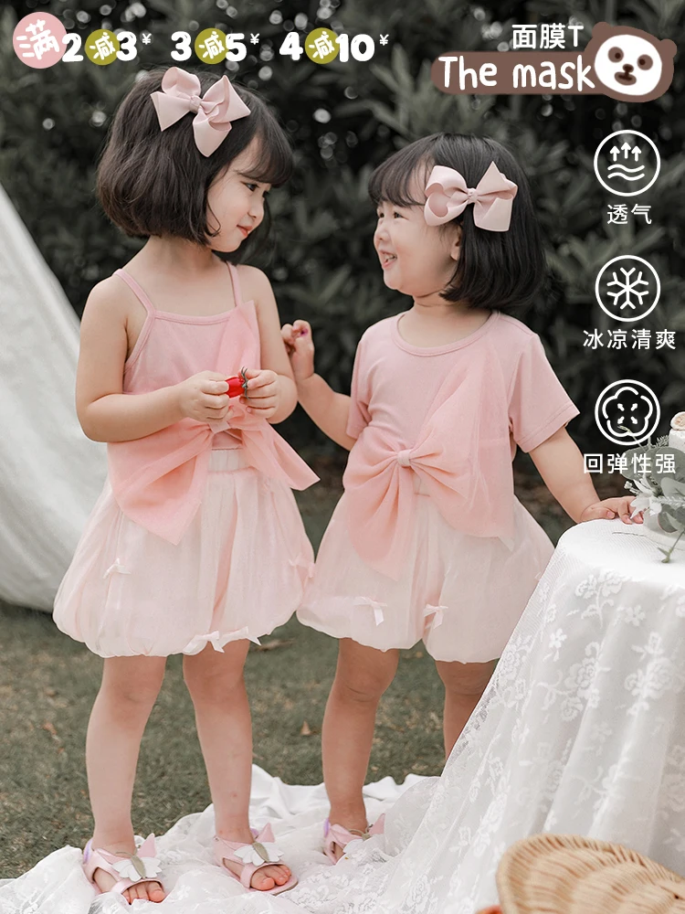 Детская летняя футболка с коротким рукавом газовый топ бантом для девочек новый