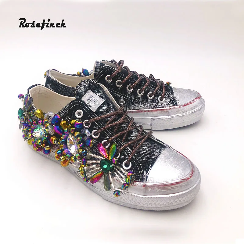Женские парусиновые туфли стразы оригинальные модные кроссовки ручной работы с
