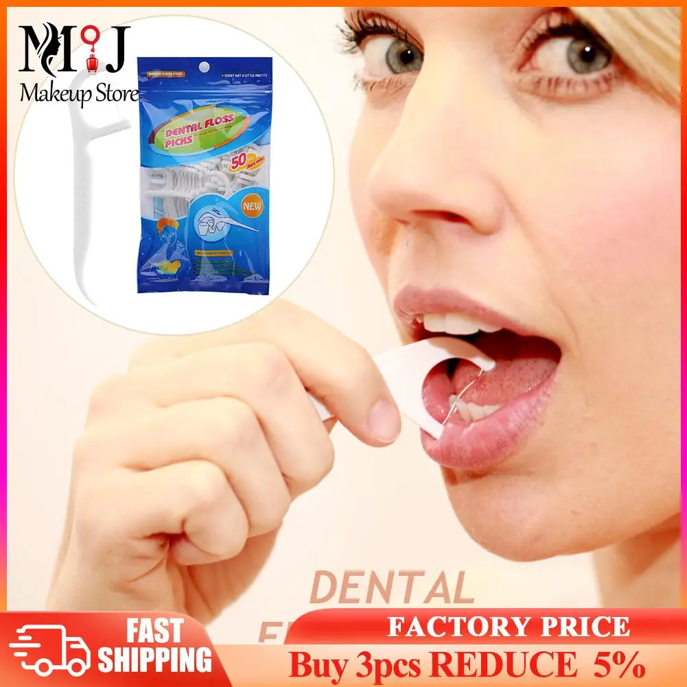 

50pcs/Bag Disposable Dental Floss Picks Oral Interdental Clean Toothpicks Oral Care Tools
