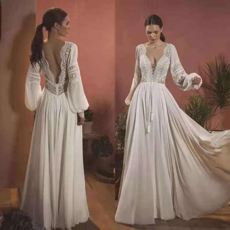 UMK сексуальное богемное свадебное платье с открытой спиной кружевные рукавами