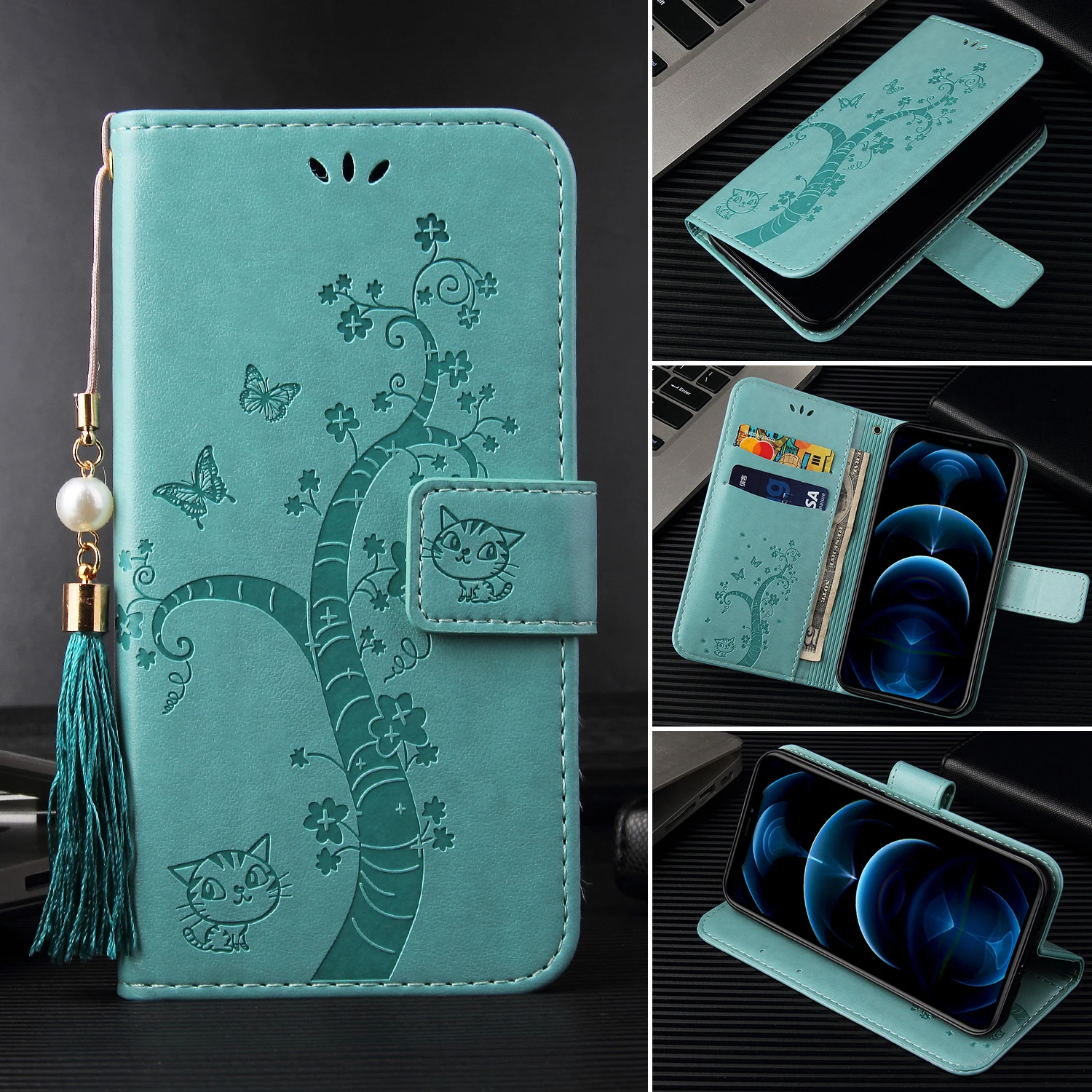 

Leather Floral Pattern Flip Case For iPhone 13 12 Mini Pro Max 11 X XR 7Plus 8G SE2020 6G 6Plus 5G Holder Card Slots Wallet Soft