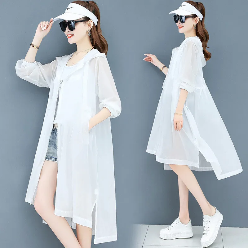 

Solid Color Sun Protection Coat Women 2021 Summer New Long Sleeves Loose Thin Outerwear Breathable Long Jacket Female JD1341