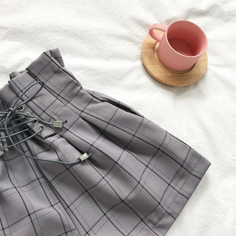 

Japanese Harajuku Retro Plaid Summer Shorts Women 2020 Fashion Lace Up High Waist Wide Leg Shorts Girls Hot Shorts