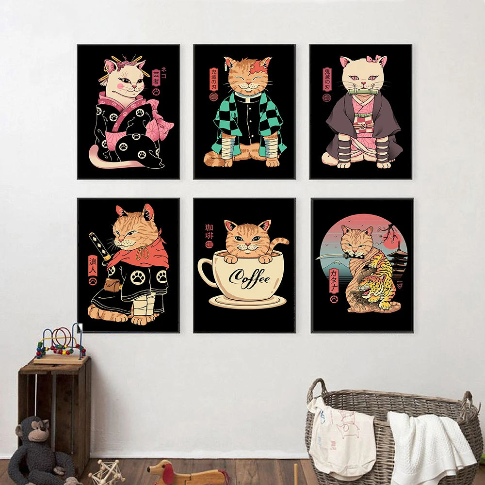 

Japanese Demon Cat Girl Art Poster Cartoon Samurai Neko Geisha Cat Coffee Print Retro Canvas Painting Kidroom Home Decor Picture