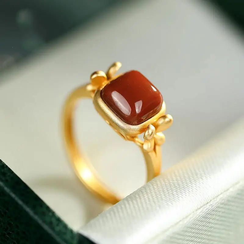 

S925 Sterling Silver Gilding Ancient Gold Inlaid Elegant Retro Style South Red Ring Exquisite Fashion All-Matching Women's Ring