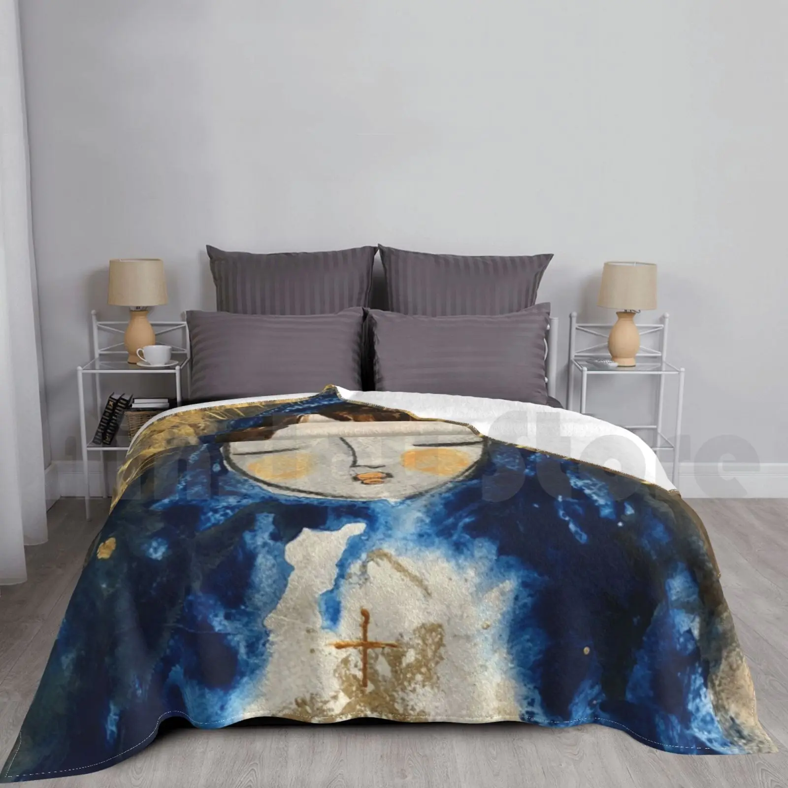 Одеяло маленькая Дева Мария для дивана-кровати путешествия голубой золотой