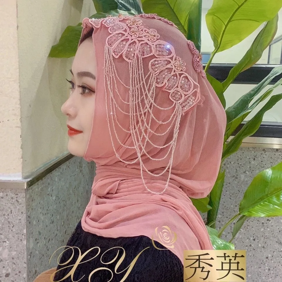 Длинный Шифоновый хиджаб с бисером и кисточками для мусульманских женщин из