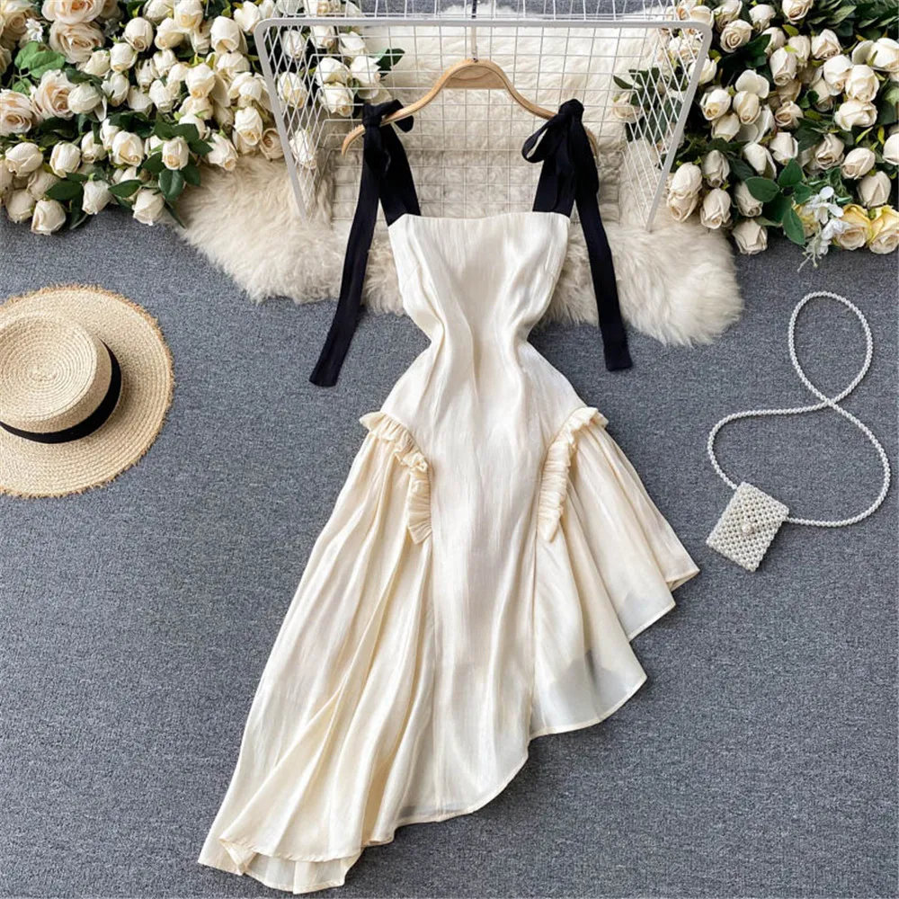

Women Hollow Irregular Sling Dress Summer Sexy Patchwork Strap Dresses Fashion Casual Party Gown Sundress Female Clothes 2021