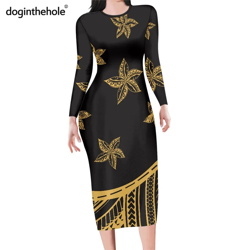 

2022 Fashion Bodycon Party Dresses For Women Elegant Black Long Sleeve Maxi Dresses Polynesian Style Summer Beach Mujer Vestidos