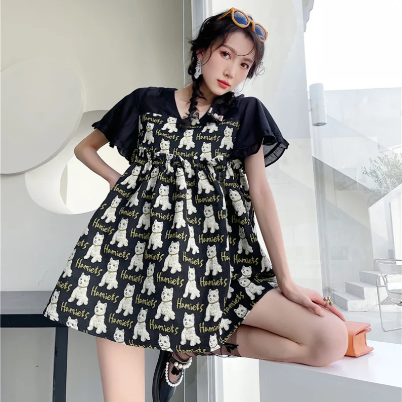 

Kimotimo Cartoon Jacquard Dress Women Summer Advanced Western Style Short Sleeve A Line Mini Dresses 2021 Ins Sweet Fashion
