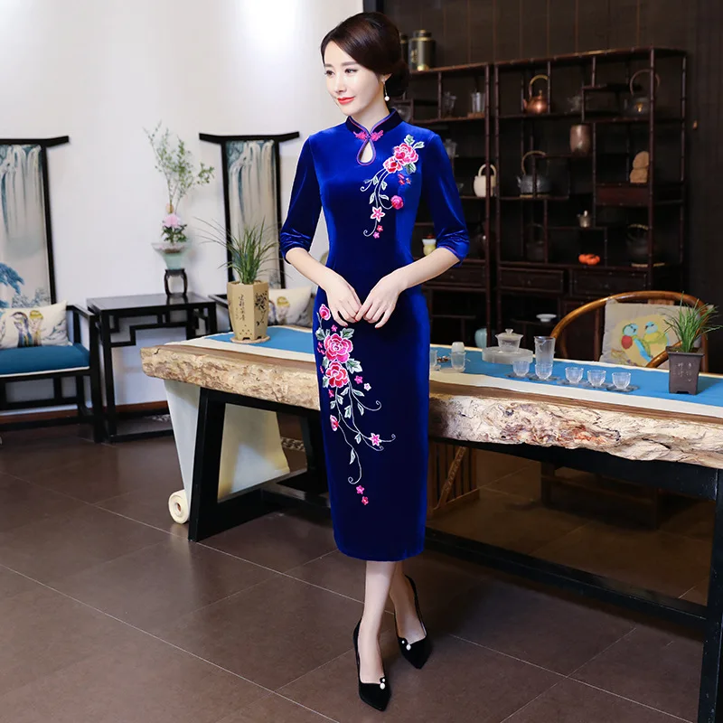 Осенние бархатные Тонкий Cheongsam элегантный китайский Стиль вечернее платье с