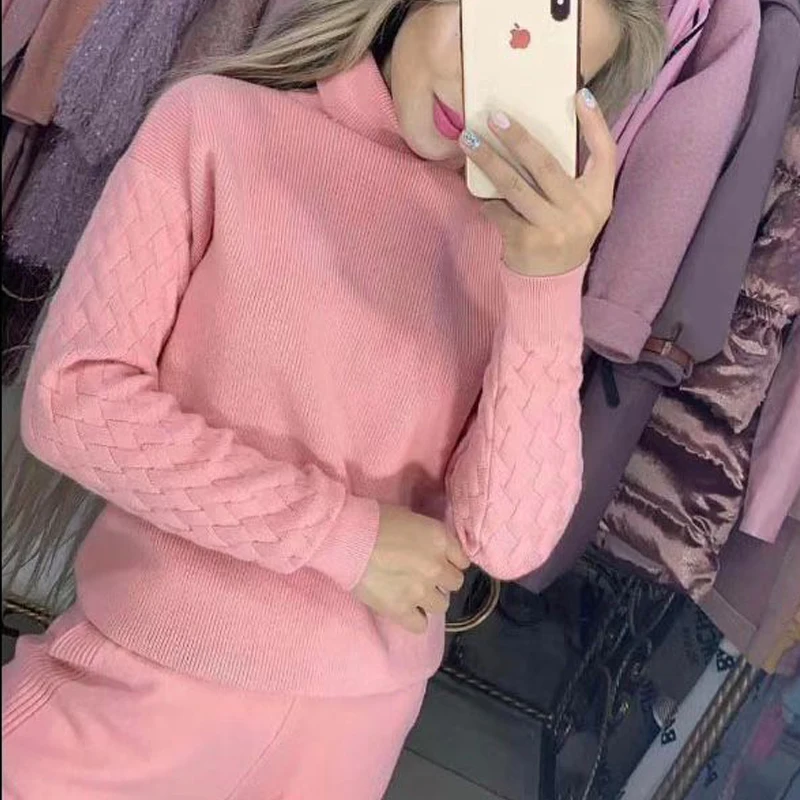 Трикотажный спортивный костюм для женщин пуловер с высоким воротником и брюки