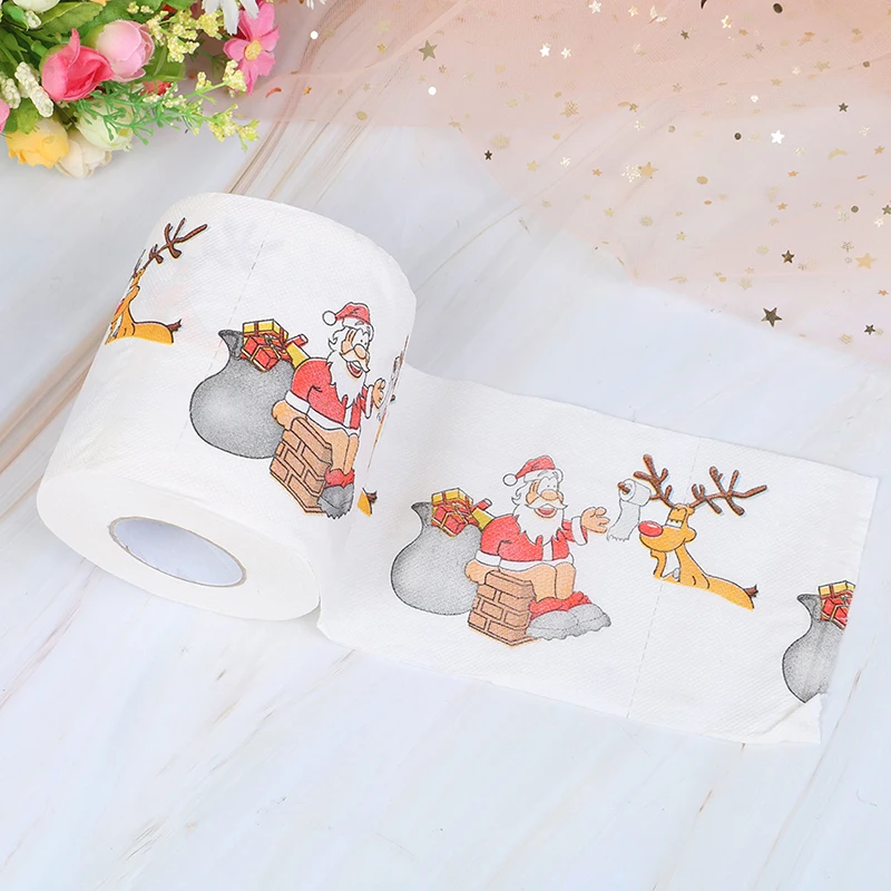 

1 рулон 2019 Рождественская туалетная бумага с принтом Санта-Клауса и оленей для стола новогодние подарки для домашнего декора