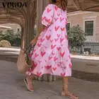 Летний сарафан с круглым вырезом VONDA 2022, женское богемное платье, короткое осеннее длинное платье с принтом в виде сердца, сарафаны